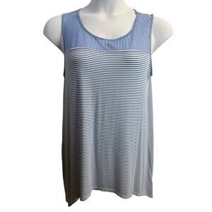 Dana‎ Buchman Womens L Tank Sheer Neck Blue Striped Stretchy Relaxed EUC